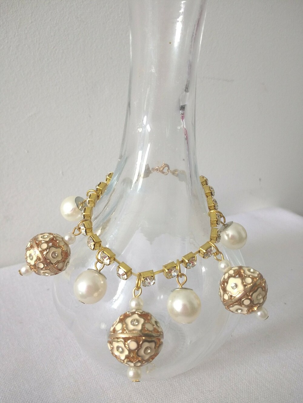 Gold Pearl Drop Charm Bracelet